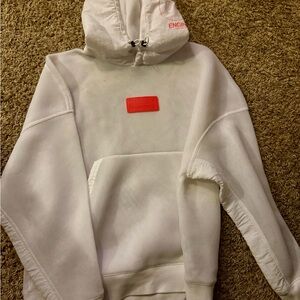 White Hooded Sweatshirt with Red Logo